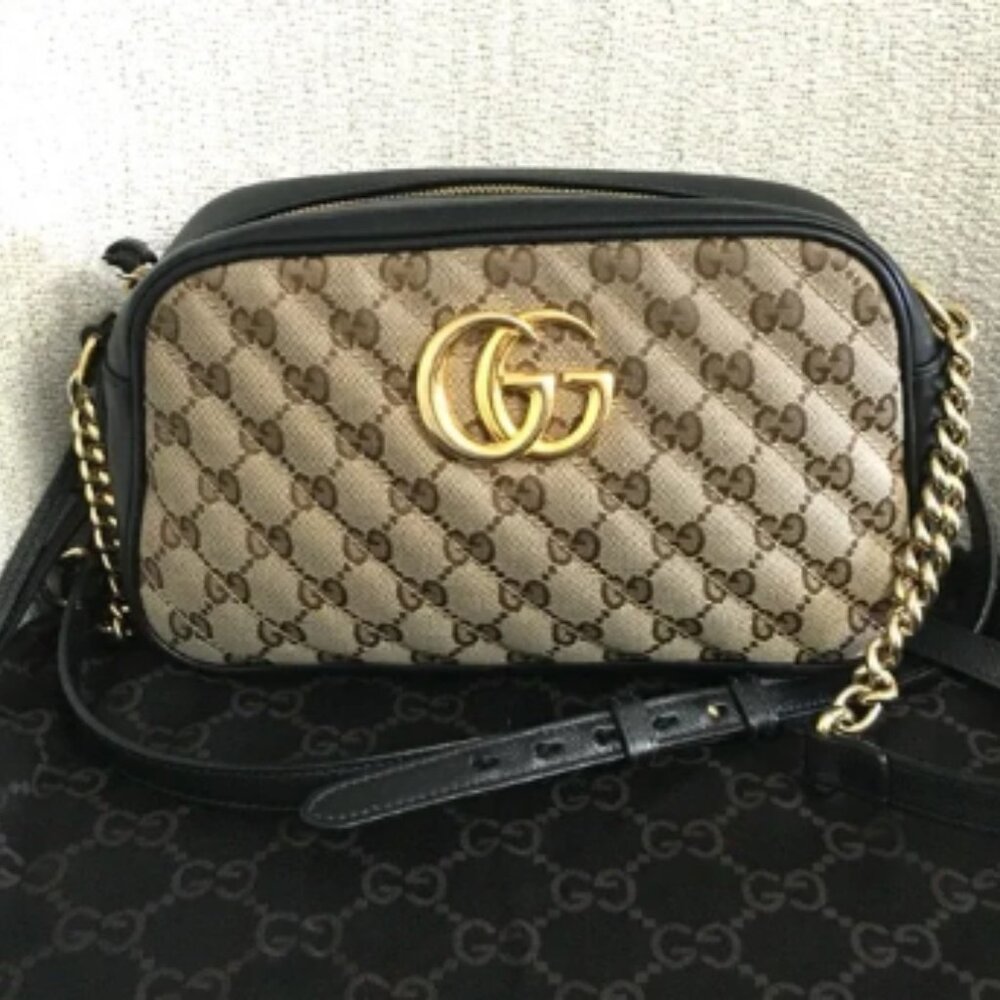 GG Marmont Shoulder Bag Diagonal Quilted GG Canvas black leather